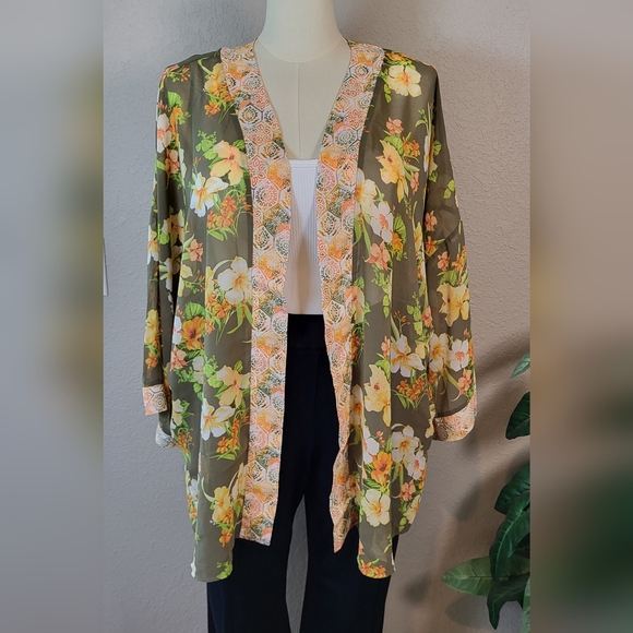 Cato Tops - CATO Olive Green and Peach Floral Kimono - Plus Size 22/24W or 3X